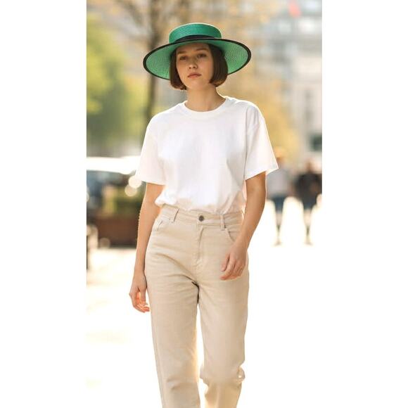 Vintage Green Boater Hat w/Black Grosgrain Ribbon | Wide Brim M/L Made Taiwan